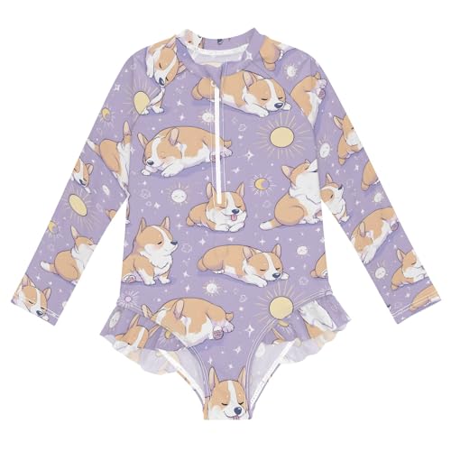 Cute Puppy Dog Pattern Girls Long Sleeve Swimsuit Rash Guard One Piece Bathing Suits Zipper 3-12T