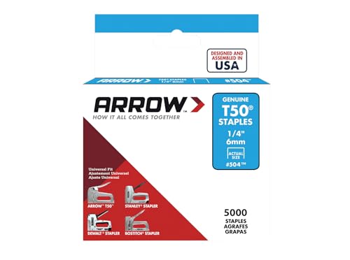 Image of Arrow 504 T50 Heavy Duty Staples, 1 /4-Inch Leg Length, 3 /8-Inch Crown Width Staples for Upholstery, Construction, Furniture, Crafts, 5000-Pack