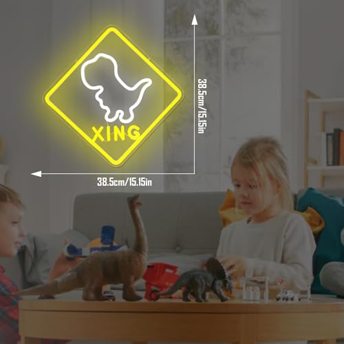 Image of Dinosaur Neon Sign T-rex Neon Light Dimmable Crossing Warning Sign Dino Night Light Dinosaur Room Decor Birthday Halloween Christmas Gift for Boys Kids