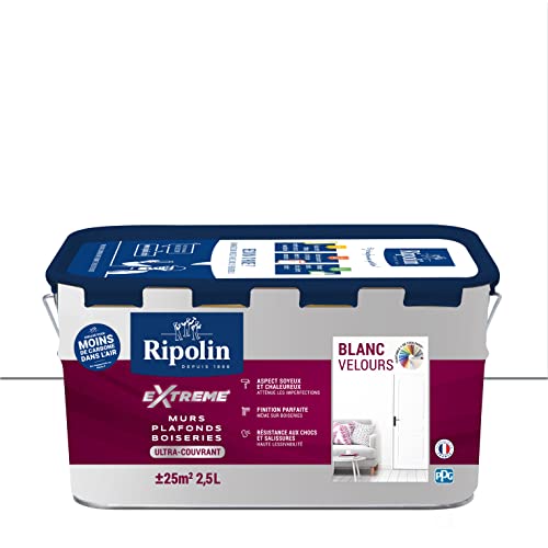 RIPOLIN - Peinture Monocouche pour Murs, Boiseries & Radiateurs - Intérieur - Finition Parfaite - Haute Résistance aux Chocs & Salissures - Lessivable - Velours - 2,5L - Blanc