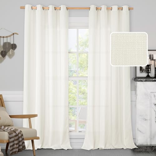 Image of LAMIT Cream White Linen Curtains 95 Inch for Bedroom, Grommet Thick Linen Textured Sheer Curtains Light Filtering Privacy Window Panels for Living Room /French Door, Set of 2, 52 x 95 Inch