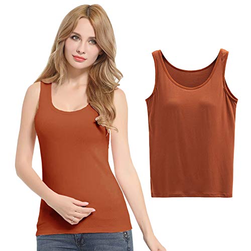 FEOYA Camiseta interior para mujer, paquete de 3 unidades, sujetador básico, push up, yoga, cuello en U, sujetador integrado, sin aros, acolchada, camiseta de tirantes para mujer, 1 paquete marrón, M