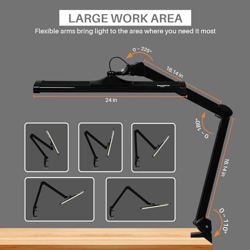 Image of 24-Inch LED Architect Desk Lamp with Clamp, 30W 2300LM, Black CCT | 360 SMD LEDs deliver flicker-free lighting with 5 color modes, 5 brightness levels, and reinforced dual metal arms