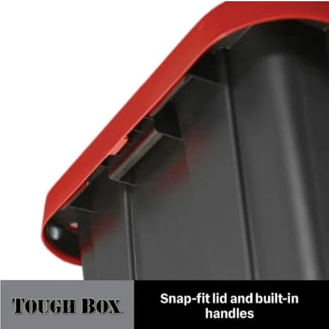 Tough Box 27 Gallon Large Plastic Storage Container with Snap-On Lid, Black with Red, Pack of 4