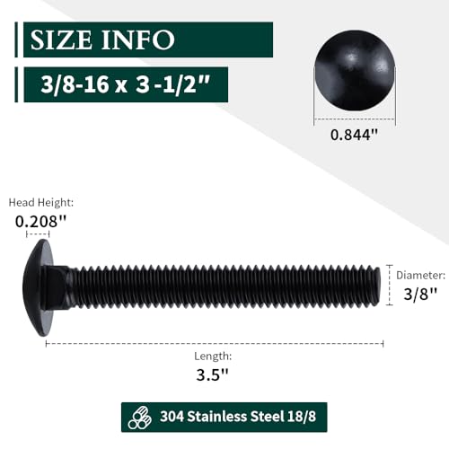 Image of 3 /8-16 x 3-1 /2 inch Black Steel Carriage Bolts, 304 Stainless Steel 18-8, Round Domed Head Square Neck Carriage Bolts Screws, Coarse Thread UNC, 10 PCS