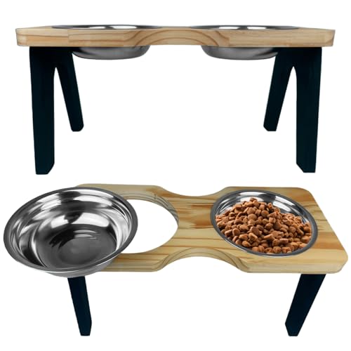 Comedouro e Bebedouro Elevado para Pets, Duplo em Madeira Natural com Tigelas em Inox, Base Alta, El