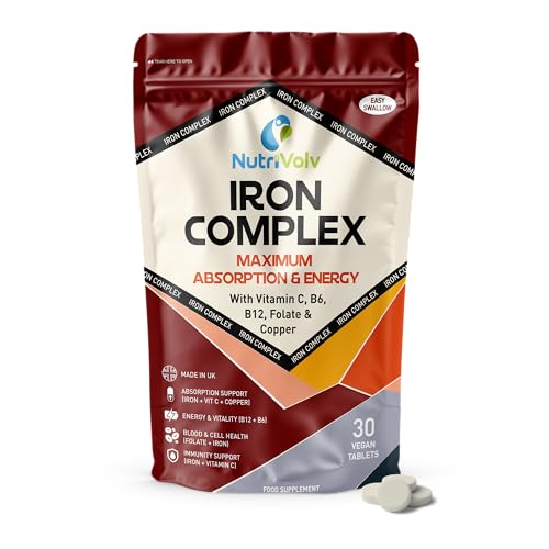 Iron Complex | 30 Vegan Tablets | One-A-Day with Gentle Iron Bisglycinate, Methylated B12 & Folate, Vitamin C, B6 & Copper | High Absorption Formula | Energy, Tiredness & Immune Support | by NutriVolv