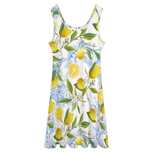 Gelbes, fruchtiges, Anime-Zitronen-Kleid mit weißem Blumenmuster, ärmellos, für Damen, Lange Westenkleider, U-Ausschnitt, lässige T-Shirts,...