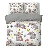 Funda Nordica Cama 105 de 3 Piezas Koala de Dibujos Animados Juego de Ropa de Cama 110gsm Microfibra con Cremallera Hojas y Flores de eucalipto Funda EdredóN 180x220 cm con 1 Funda de Almohada