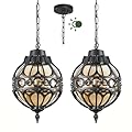 Zanritelit Dusk to Dawn Globe Outdoor Pendant Lights for Porch Garage, Black Round Aluminum Anti-Rust Hanging Lighting Fixture, Industrial Exterior Ceiling Lantern Light with Amber Glass, 2 Pack