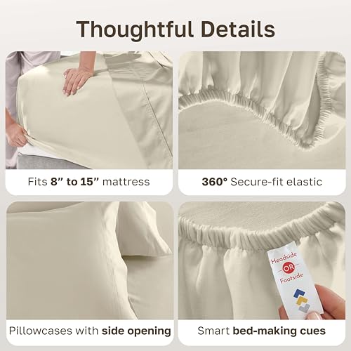 Image of California Design Den Split King Sheet Set - 100% Cotton, 600 Thread Count Sateen, Breathable Luxury King Size Sheets for Adjustable Bed, Luxury Soft Hotel Quality Sheets - Ivory (Warm Cream)