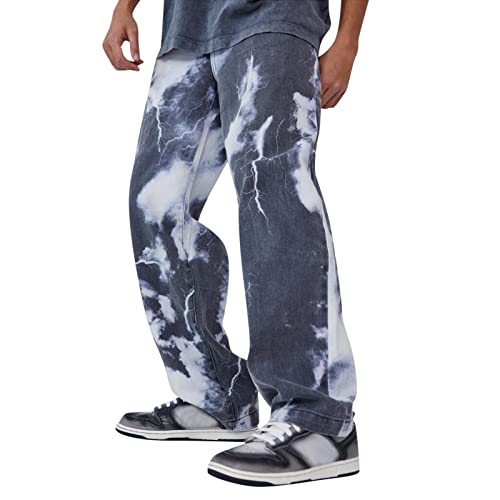 Haohon Jeans Herren Baggy Y2k Jeans Herren Baggy Hip Hop Stretch Fit Print Jeanshose Hosen Denim Hose Schwarz Vintage 90er Breite Jeans Männer Freizeithose Cargohose Streetwear, #4-blau, XXL Cover