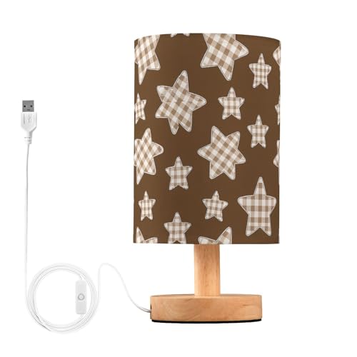 Amooorous Lámpara de mesa cilíndrica marrón con diseño de dibujos animados a cuadros, lámpara de mesa de cristal para estudio, con puerto de carga USB, juego de lampara