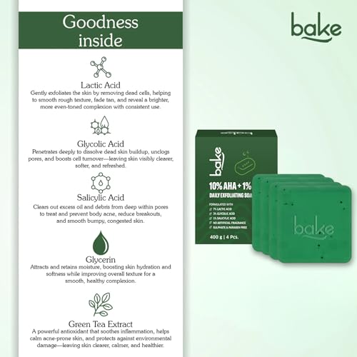 Image of BAKE 10% AHA + 1% BHA Scrub Treatment Soap with Lactic Acid, Glycolic Acid, 1% Salicylic Acid | For Clogged Pores, Exfoliation, Strawberry Skin & Bright Underarms | Soap for Women & Men | 100g x 4 (Pack of 4)