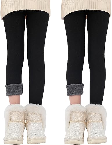 Kiench Teenager Girls Fleece Lined Leggings Winter Warm Pants Cotton Pack of 2