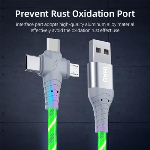 Image of IHAO Multi Ports Light-Up USB Cable USBA /USB C to USBC /MicroUSB Cable Durable Fast Charging Cable with Visible Current Flow As Night Light Use-6in1 Green