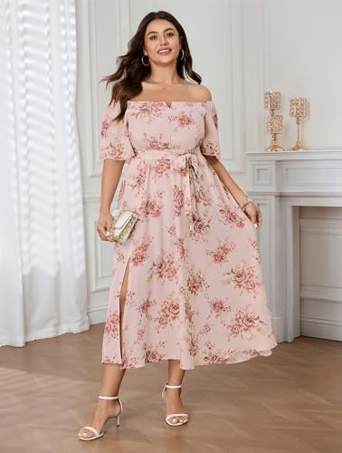 Image of SCOMCHIC Womens Plus Size Formal Dresses Off The Shoulder Wedding Guest Cocktail A-Line Split Maxi Dress with Pockets