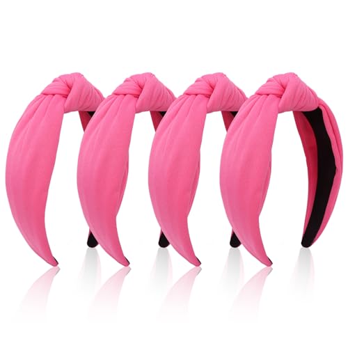 CURASA 4PCS Knotted Headbands For Women Girls Rose Wide Fashion Hairband Hot Pink Top Knot Decorative Yoga Hair Accessories Pink Fabric Cute Hair Bands Elastic Head Bands Daily Costume Party Gifts