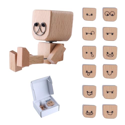 Wbgraceful Shaking Feet Wooden Doll for Car, Shaking Wooden Man Figurine Dashboard Decor with 12 Magnetic Faces, Handmade Creative WoodenDesktop Ornament