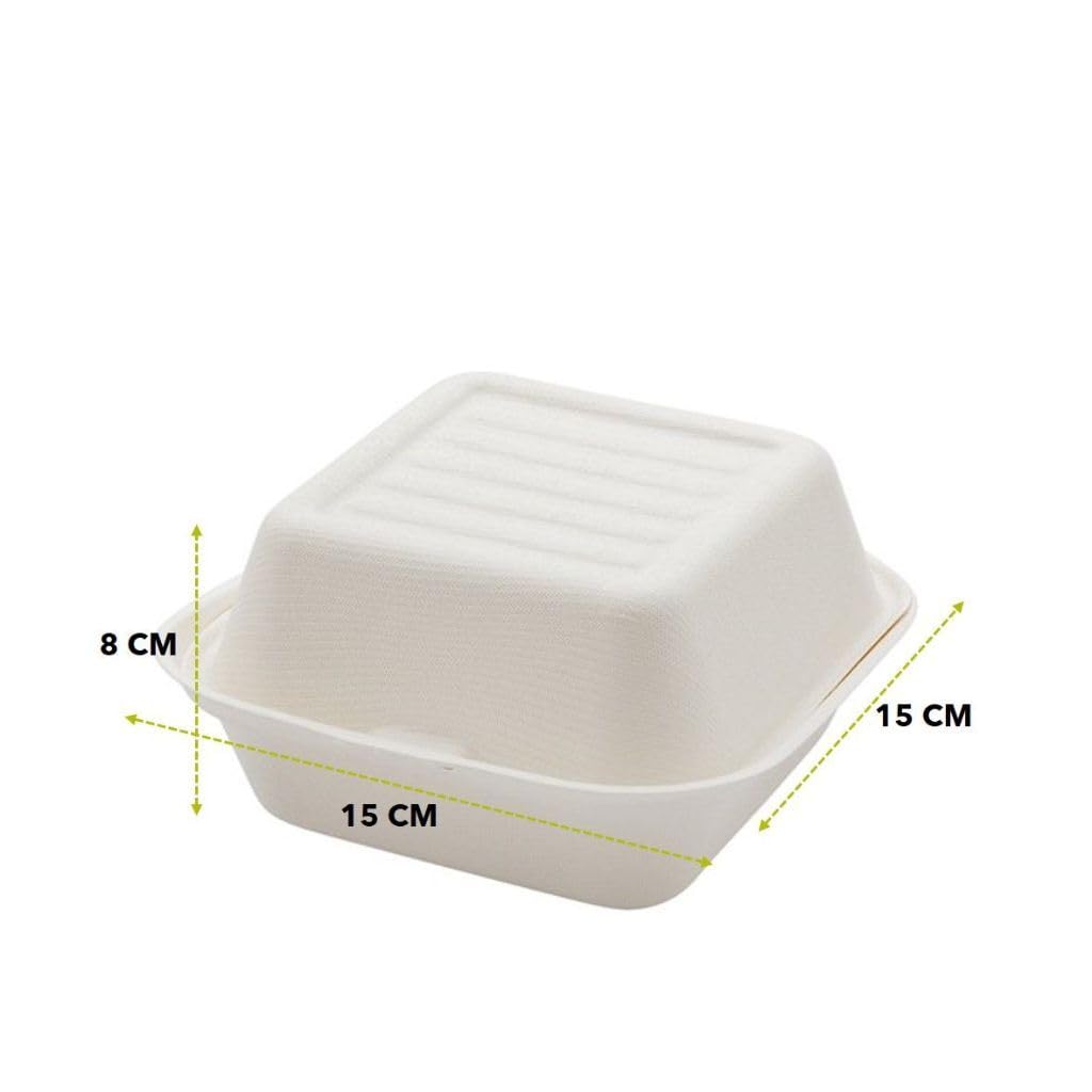 600 Scatole per hamburger usa e getta e getta biodegradabili 15x15x8 cm, contenitori per hamburger e bagassa, compostabili, coperchio ribaltabile, scatola colore bianco