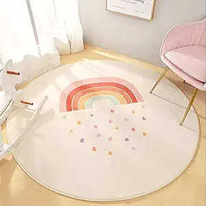 Poowe Faux Wool Kids Play Mat 3.3ft,Rainbow Round Area Rug Kids Nursery Door Mat Soft Plush Non-Slip Childrens Carpet for Bedroom Living Room Kids Playroom