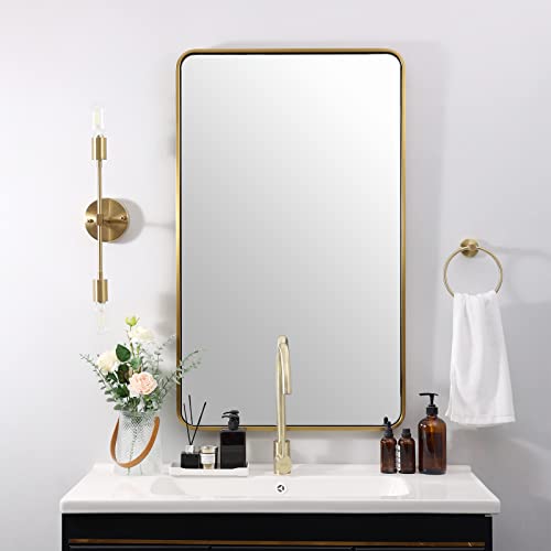 ANDY STAR 24x40 Inch Gold Bathroom Mirror, Rounded Rectangle Mirror, Brushed Brass Bathroom Vanity Mirror Oblong Tube Metal Framed, SUS304-Anti-Rust, Wall-Mounted Horizontal/Vertical 1’’ Deep