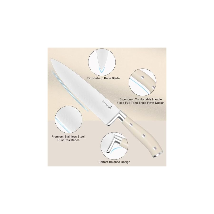 Kuisine Premium Sharp Knife Set,High Carbon Stainless Steel Ergonomic Handle,Knife Block Set with Built-in Sharpener(15PCS,Ivory)