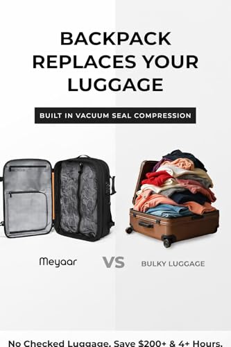 Image of Meyaar 60L Vacuum Compression Travel Backpack with Air Pump Included, Expandable Space Saver, Waterproof, TSA Lock & Multi-Pocket Design Laptop Backpack with USB Charging
