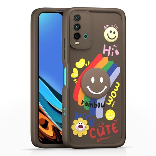 Image of Pikkme Back Cover for Redmi 9 Power /Poco M3 | Soft Silicone| Cute Rainbow Smile & 3D Cartoon Flower Design | Shockproof Raised Camera Protection Bumper Case (Brown)