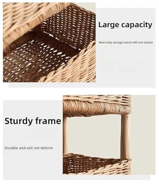 Rattan Shelving Unit 3 Tiers Standing Wooden Caddy, Vertical Tiered Basket,Hand Woven Floor Rattan for Living Room, Bedroom, Kitchen