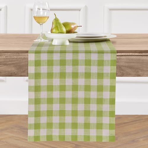 Solino Home Linen Table Runner 60 Inches - 100% Pure Linen Dark Citron and Cream Table Runner 14 x 60 Inch Ideal for Dresser and Coffee Tables - Morgan Check, Christmas, Holiday