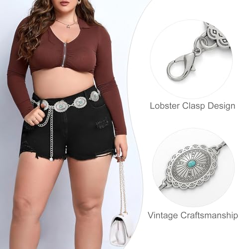 Image of WHIPPY Women Concho Chain Belt Metal Link Western Cowgirl Turquoise Chain Belt for Dress