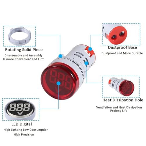 Image of Round LED Voltage Meter Indicator AC 60-500V LED Voltmeter Signal Light Digital Display DC Voltage Meter Indicator Round Lamp Tester for Home or Industrial Equipment (3pcs Red)