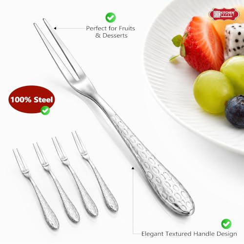 Image of Kitchen Expert Stainless Steel Fruit Fork Set of 6 | Fruit Picks | Mini Snack & Dessert Forks | Hammered Design Appetizer Picks - Silver