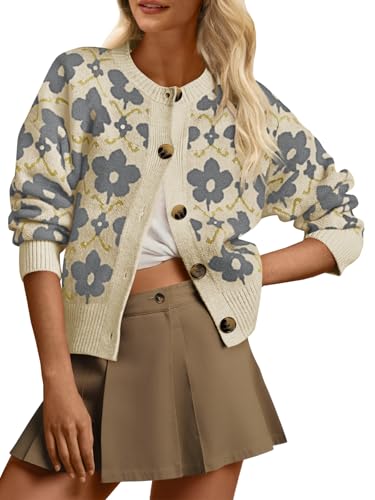 Image of Saodimallsu Womens Floral Cardigan Sweaters Long Sleeve Open Front Button Down Knit Sweater Coat Outwear Fall 2026 Grey