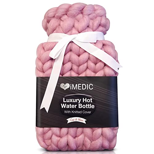 iMedic Bouillotte tricotée de qualité supérieure de 1 L – Grande bouillotte avec housse – Bouillotte – Plus grande que la petite bouillotte – Rose de luxe