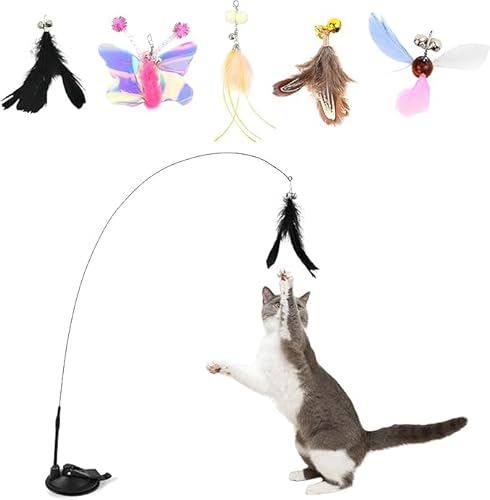KINDABLU Interactive Cat Toy with 5 Replacement Feather Toys, Self-Holding