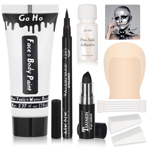Go Ho Halloween Jack Makeup Kit - Professional Skeleton Maekup Bald Cap Special Effects Costume Set with Pro-Aide Adhesive,Cream White Body Paint, Black Lipstick,Black Eyeliner & Applicators