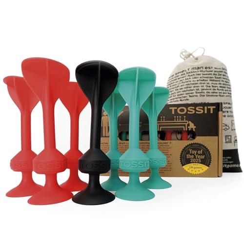 TOSSIT Juego Dardos de Silicona Ventosa - Juega con Familia y Amigos, Modos Petanca o Bocha y más! Ideal Interior Exterior, Diversión Portatil Todas Las Edades! Starter Pack: 2 Colores + 1 Negro