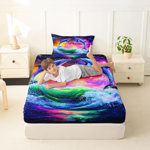 Image of jejeloiu Dolphin Bed Sheets Set Queen Size Tropical Ocean Bed Set Sea World Deep Pocket Fitted Sheet Summer Breathable Soft Lightweight Microfiber