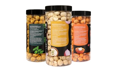 Image of H O M House Of Makhana 195g Pudina, Cream and Onion And Peri Peri Gourmet Makhana Jar Roasted in Olive Oil, Flavored Makhana Pack of 3 (65gX3)
