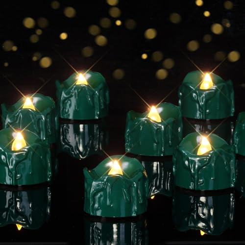 Image of Homemory 24 Pack Green Dripping Flameless LED Tea Lights, 1.58 inch x 1.2 inch Battery Operated Flickering Fake Candles, 200+ Hours Electric Votive Tealights for Wedding, Halloween, Christmas Centerpieces