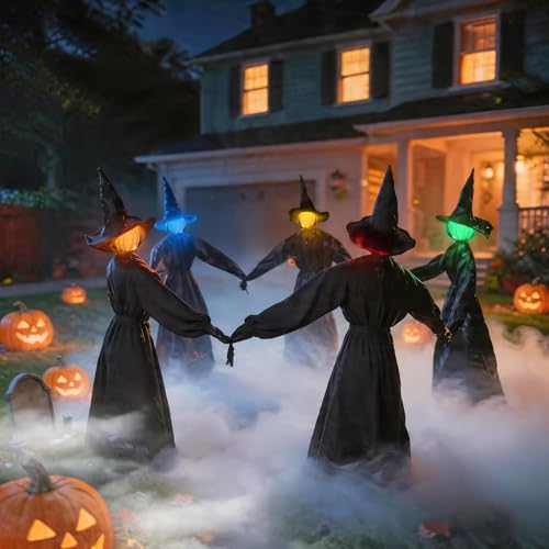 Halloween Decorations Outdoor - 5 Pack 4.3 FT Light Up Holding Hands Witches with Color Changing Glowing Faces - Halloween Witch Decor with Stake for Yard Lawn Garden Porch Haunted House Decor — view 6