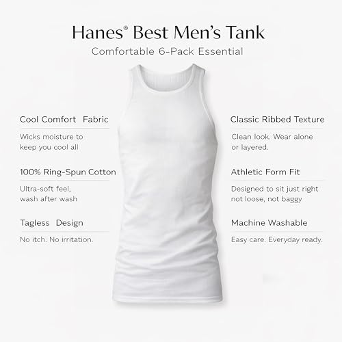 Image of Hanes Men's Tall 100% Cotton Ribbed Tank Tagless Undershirts, Multipack - White - 6 Pack XX-Large