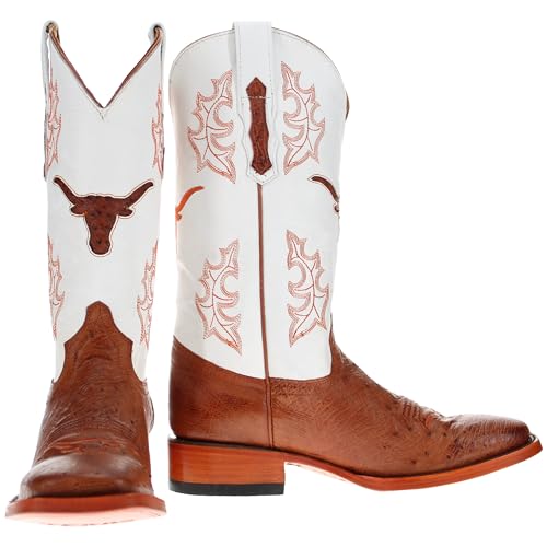Image of Vaccari Men's Brooks Genuine Smooth Ostrich Leather NCAA Athletics Embroidery Western Cowboy Boots