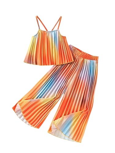 Image of RoseSeek Girl's 2 Piece Boho Cute Outfits Pleated Spaghetti Strap Camisoles Elastic Waist Wide Leg Pants Sets
