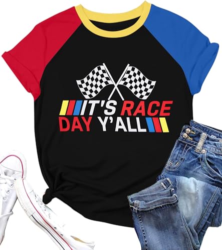 Racing Shirt Women Vintage Checkered Flag Racing Shirts Start Your Engines Tshirt Raceday Casual Short Sleeve Tops