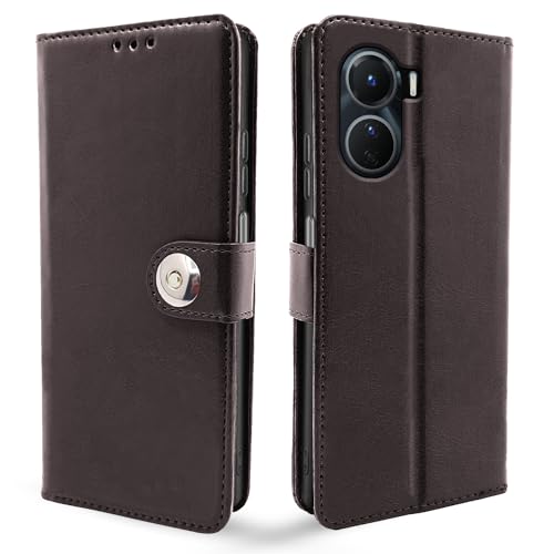 Image of Pikkme Vivo Y16 Flip Cover Leather Finish | Inside TPU with Card Pockets | Wallet Stand and Shock Proof | Complete Protection Button Flip Case (Coffee)