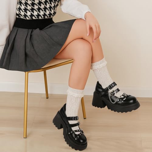 Image of Parisuit Womens Goth Platform Mary Janes Heels Buckle Chain Punk Cosplay Shoes Ankle Strap Chunky Heel Round Toe Pumps