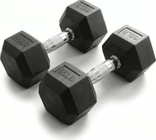 5-550 lb Rubber Hex Dumbbell Set Heavy-Duty Free Weights for Home Gym Strength Training Muscle Building & Full Body Workouts No Rack Included (65 lb Pair)